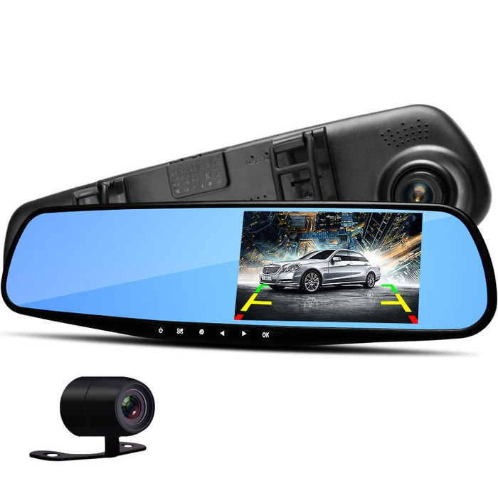 Автомобильное зеркало видеорегистратор для машины на 2 камеры VEHICLE BLACKBOX DVR 1080p камерой заднего вида. Буча